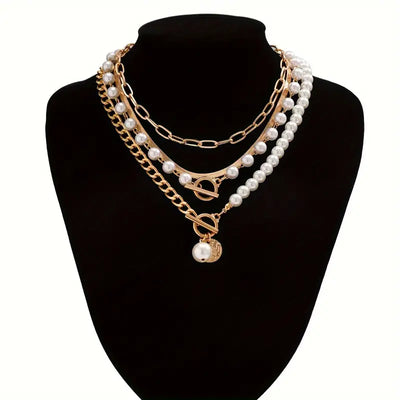 Vintage Perlen- & Goldschlangen-Kettenhalskette Set | Gold
