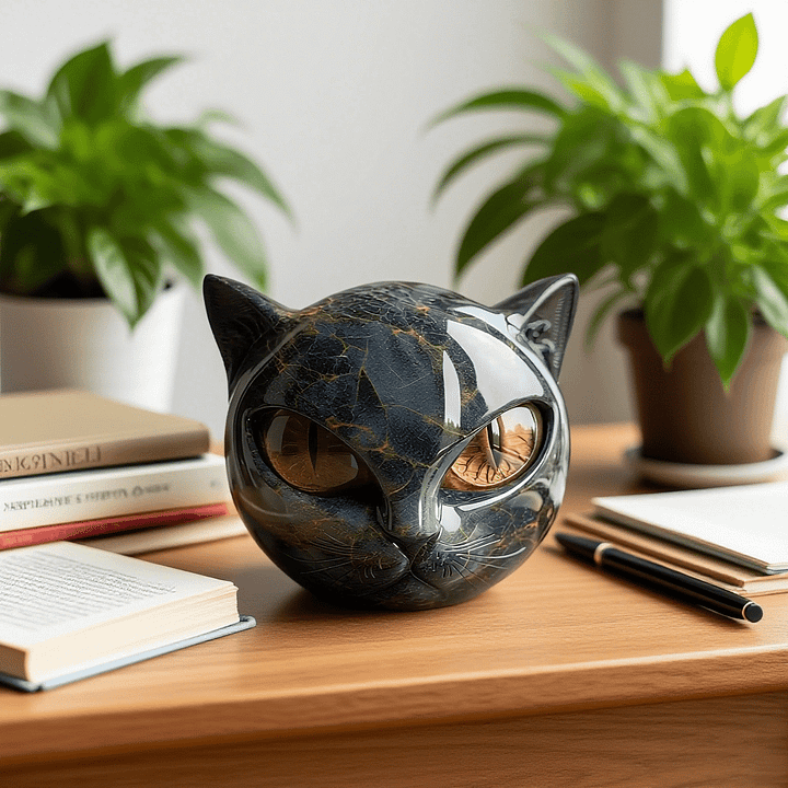 Mystische Schwarze Katzenkopf Skulptur