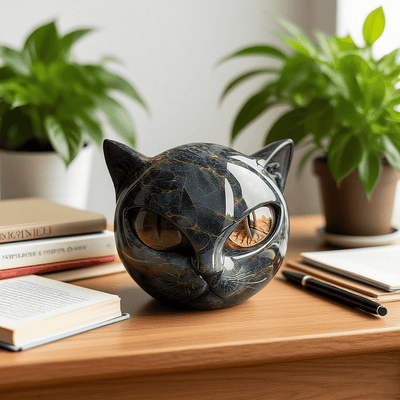 Mystische Schwarze Katzenkopf Skulptur