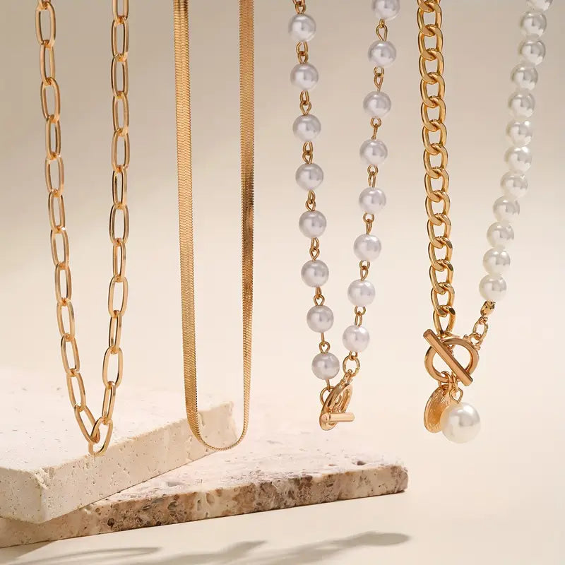 Vintage Perlen- & Goldschlangen-Kettenhalskette Set | Gold