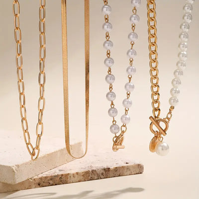 Vintage Perlen- & Goldschlangen-Kettenhalskette Set | Gold
