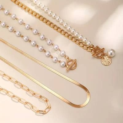 Vintage Perlen- & Goldschlangen-Kettenhalskette Set | Gold