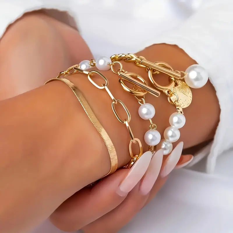 Schickes Gold 4-teilige Armband-Set – Schlange, Perlen & Glieder | Gold