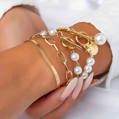 Schickes Gold 4-teilige Armband-Set – Schlange, Perlen & Glieder | Gold