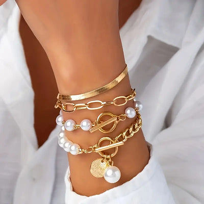 Schickes Gold 4-teilige Armband-Set – Schlange, Perlen & Glieder | Gold