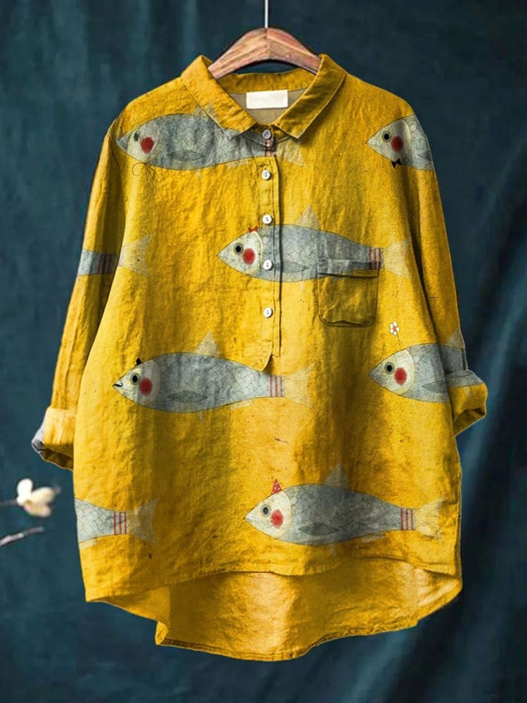Elena - Vintage Fisch Kunst Druck Baumwoll-Leinen Shirt