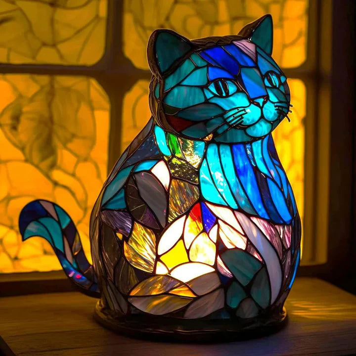 Buntglas-Blaue-Katzenlampe