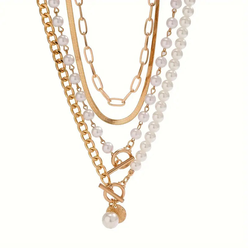 Vintage Perlen- & Goldschlangen-Kettenhalskette Set | Gold