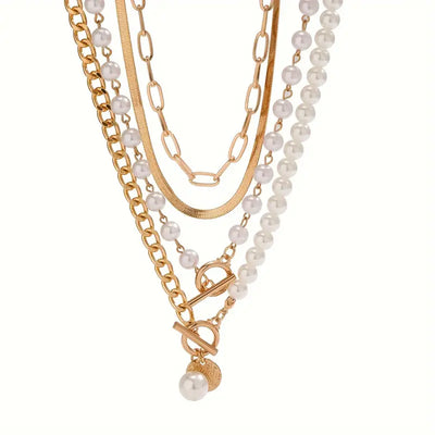 Vintage Perlen- & Goldschlangen-Kettenhalskette Set | Gold