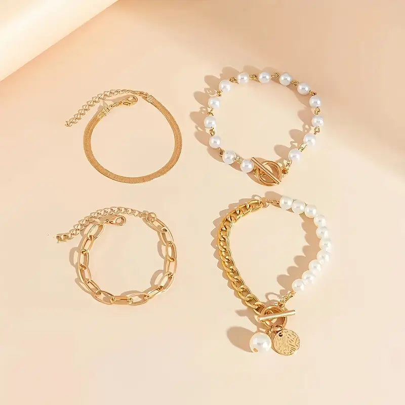 Schickes Gold 4-teilige Armband-Set – Schlange, Perlen & Glieder | Gold