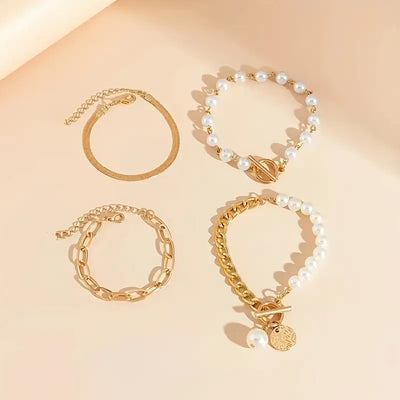 Schickes Gold 4-teilige Armband-Set – Schlange, Perlen & Glieder | Gold