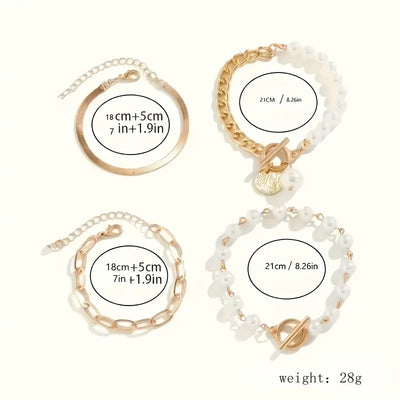Schickes Gold 4-teilige Armband-Set – Schlange, Perlen & Glieder | Gold