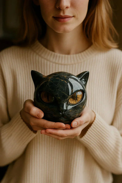 Mystische Schwarze Katzenkopf Skulptur