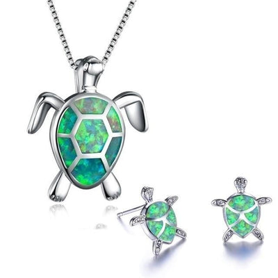 Meeresschildkröte Halskette + Ohrringe Set in Opal und Silber