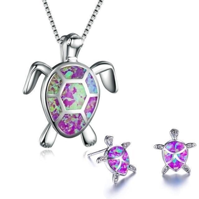 Meeresschildkröte Halskette + Ohrringe Set in Opal und Silber